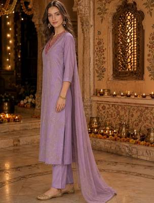 women ethnic motifs printed regular thread work kurta with trousers & with dupatta 3