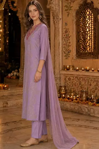women ethnic motifs printed regular thread work kurta with trousers & with dupatta