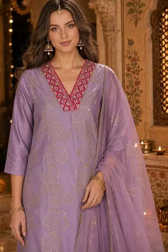 women ethnic motifs printed regular thread work kurta with trousers & with dupatta