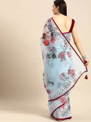 Blue blue & maroon organza printed mysore silk saree 3