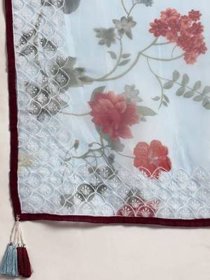 Blue blue & maroon organza printed mysore silk saree 5