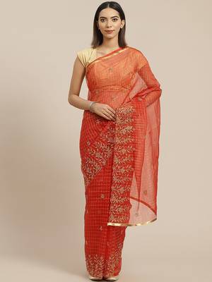Orange orange & golden checked embroidered organza saree 1
