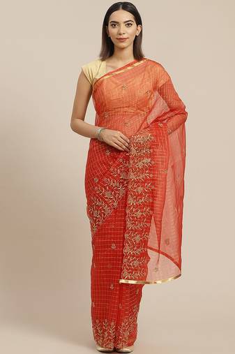 Orange orange & golden checked embroidered organza saree
