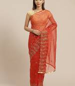 Orange orange & golden checked embroidered organza saree