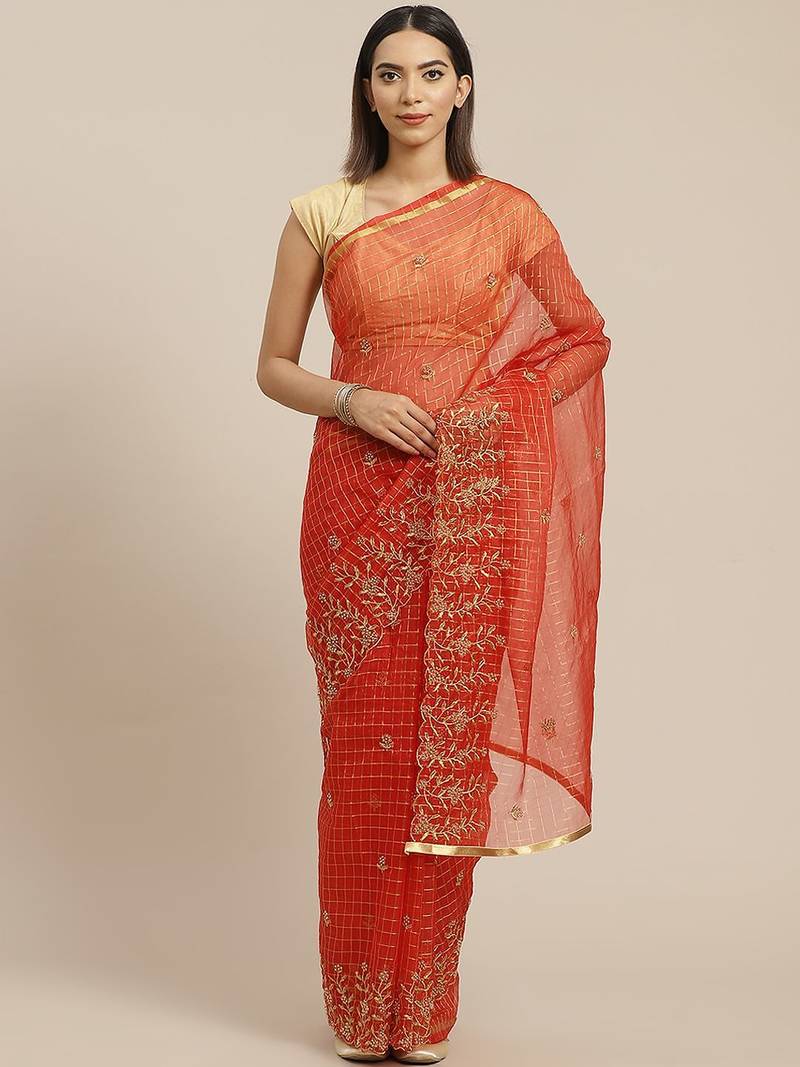 Orange orange & golden checked embroidered organza saree