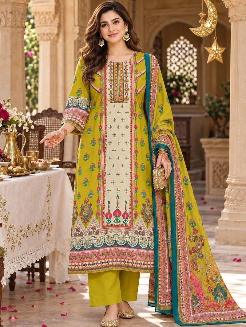 women ethnic motifs printed regular  cotton kurta with trousers & with dupatta