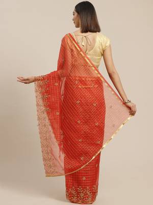 Orange orange & golden checked embroidered organza saree 2