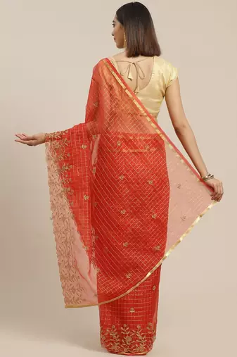 Orange orange & golden checked embroidered organza saree