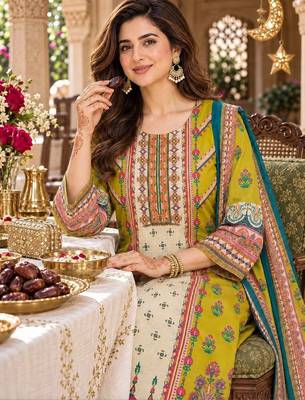 women ethnic motifs printed regular  cotton kurta with trousers & with dupatta 2