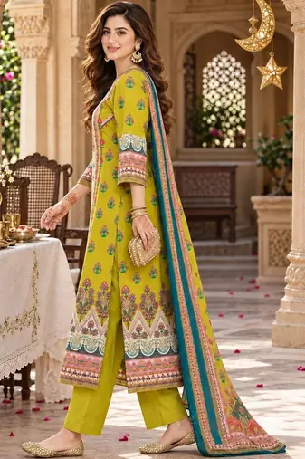 women ethnic motifs printed regular  cotton kurta with trousers & with dupatta