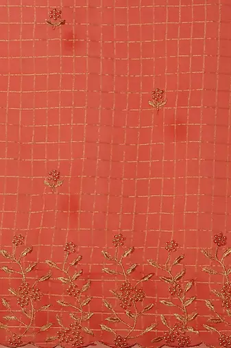 Orange orange & golden checked embroidered organza saree