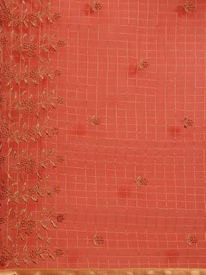 Orange orange & golden checked embroidered organza saree 4