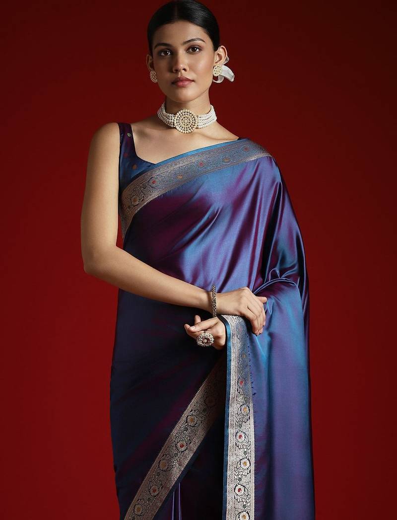 Blue ethnic woven design saree with matching blouse
