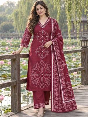 women ethnic motifs printed regular mirror work  cotton kurta with palazzos & with dupatta 1