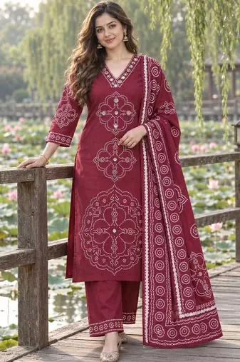 women ethnic motifs printed regular mirror work  cotton kurta with palazzos & with dupatta