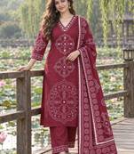 women ethnic motifs printed regular mirror work  cotton kurta with palazzos & with dupatta