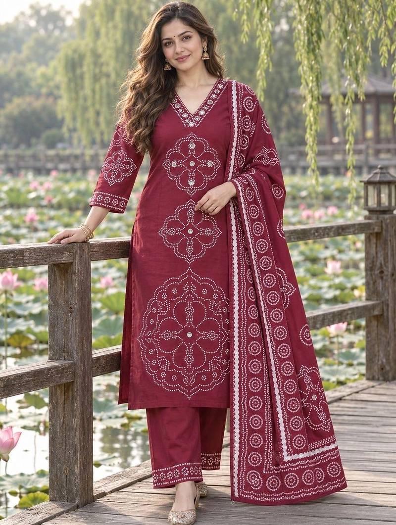 women ethnic motifs printed regular mirror work  cotton kurta with palazzos & with dupatta