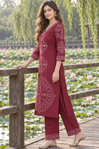 women ethnic motifs printed regular mirror work  cotton kurta with palazzos & with dupatta