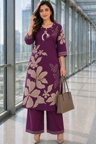 women floral printed regular thread work chanderi cotton kurta with palazzos