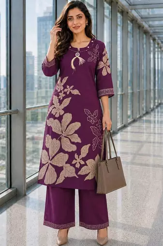 women floral printed regular thread work chanderi cotton kurta with palazzos