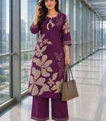women floral printed regular thread work chanderi cotton kurta with palazzos