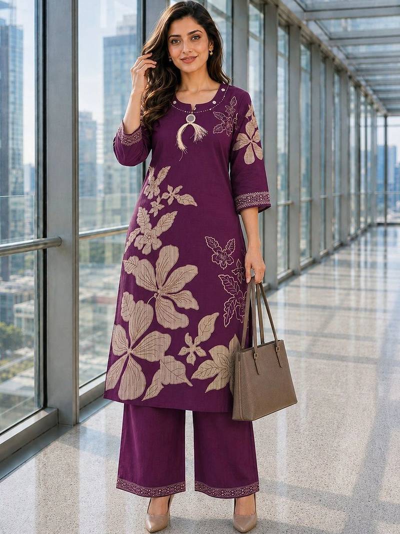 women floral printed regular thread work chanderi cotton kurta with palazzos