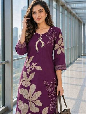 women floral printed regular thread work chanderi cotton kurta with palazzos 2