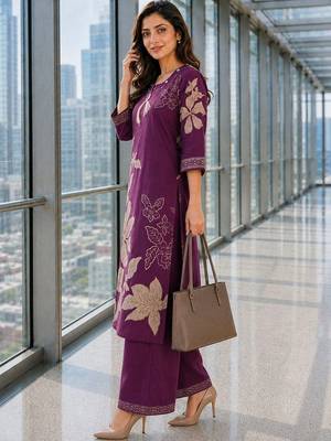 women floral printed regular thread work chanderi cotton kurta with palazzos 3