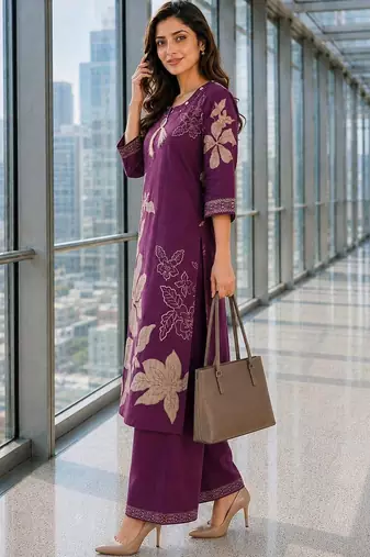 women floral printed regular thread work chanderi cotton kurta with palazzos