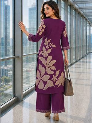 women floral printed regular thread work chanderi cotton kurta with palazzos 4
