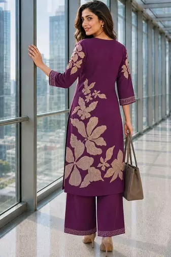 women floral printed regular thread work chanderi cotton kurta with palazzos