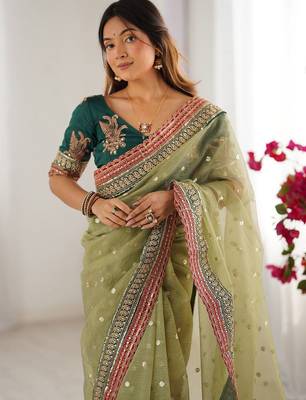 Green embellished sequinned saree 3