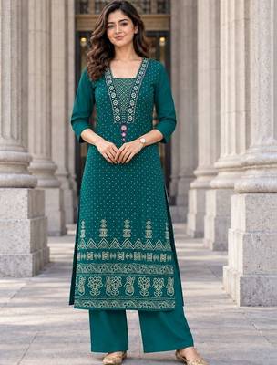 women ethnic motifs printed regular mirror work  cotton kurta with palazzos 1