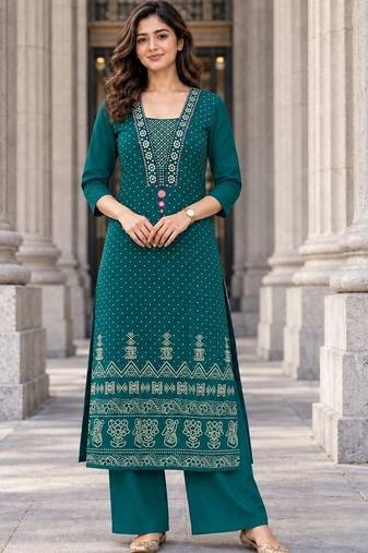 women ethnic motifs printed regular mirror work  cotton kurta with palazzos