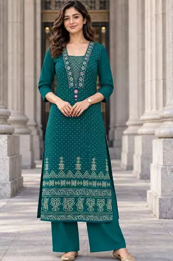 women ethnic motifs printed regular mirror work  cotton kurta with palazzos