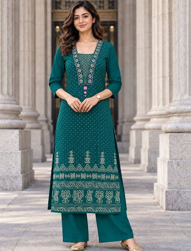 women ethnic motifs printed regular mirror work  cotton kurta with palazzos