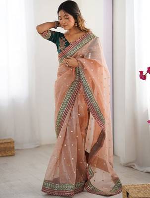 Peach women embellished sequinned organza saree 1