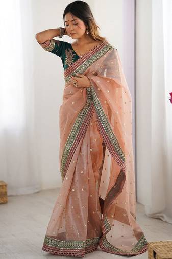 Peach women embellished sequinned organza saree