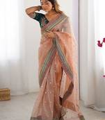 Peach women embellished sequinned organza saree