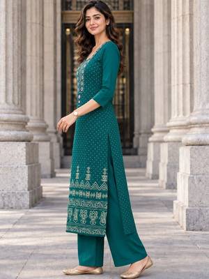 women ethnic motifs printed regular mirror work  cotton kurta with palazzos 2
