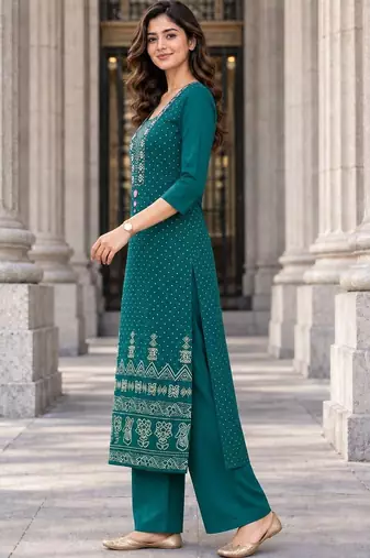 women ethnic motifs printed regular mirror work  cotton kurta with palazzos