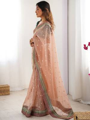 Peach women embellished sequinned organza saree 2