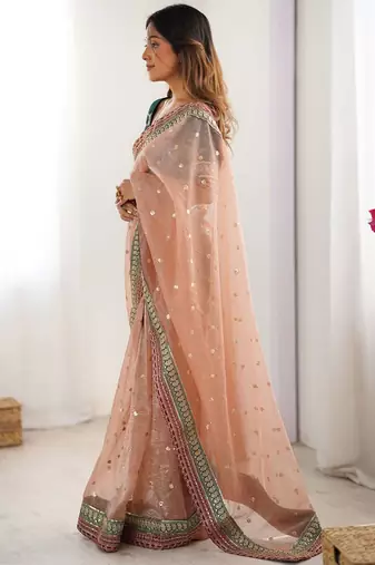 Peach women embellished sequinned organza saree