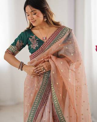 Peach women embellished sequinned organza saree 3