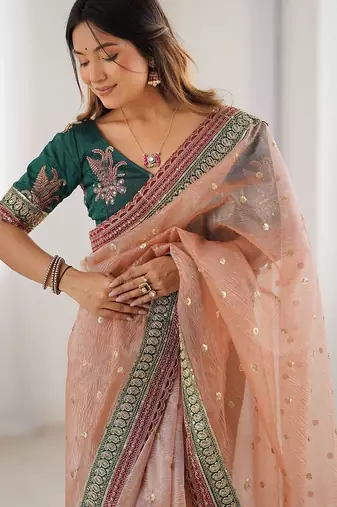 Peach women embellished sequinned organza saree