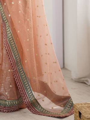 Peach women embellished sequinned organza saree 4