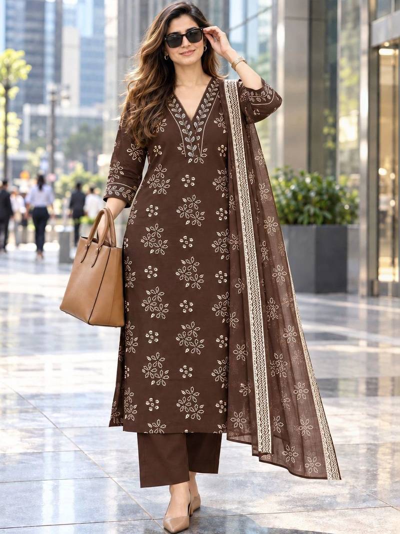 women ethnic motifs printed regular beads and stones  cotton kurta with trousers & with