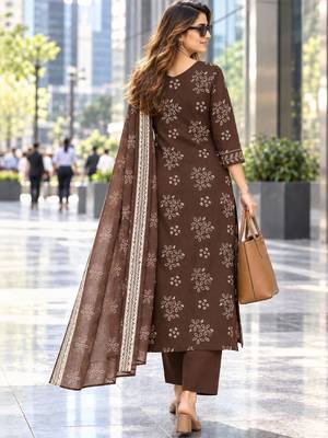 women ethnic motifs printed regular beads and stones  cotton kurta with trousers & with 2