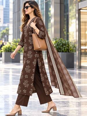 women ethnic motifs printed regular beads and stones  cotton kurta with trousers & with 3