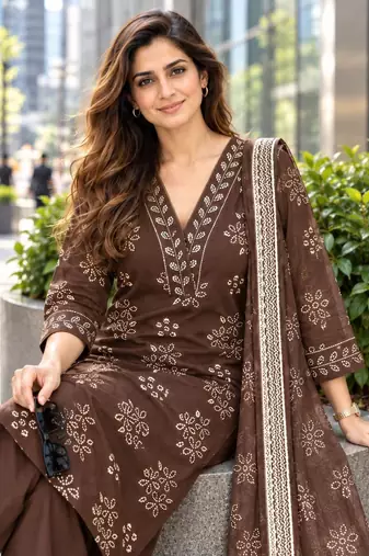 women ethnic motifs printed regular beads and stones  cotton kurta with trousers & with